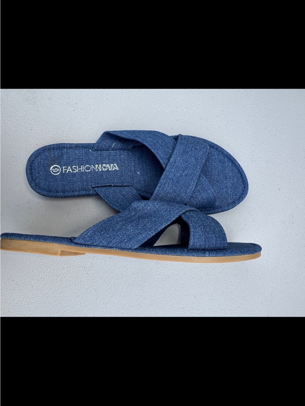 Fashion Nova Denim Blue Crisscross Slide Mules